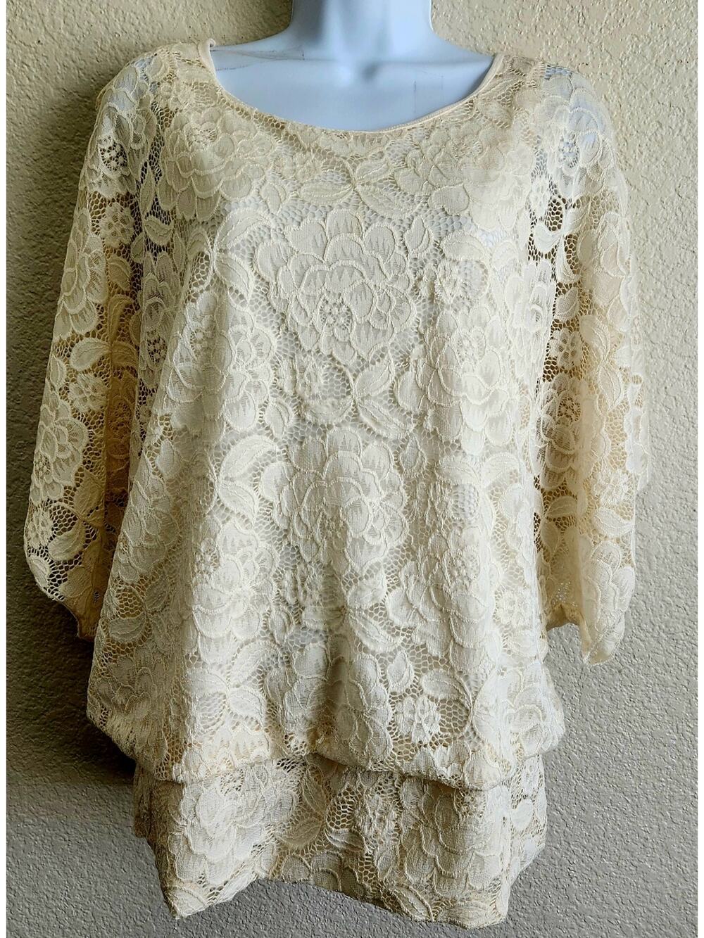 Brittany Black Cream Lace Overlay Dolman Sleeve Top XL Lightweight Soft Flowy